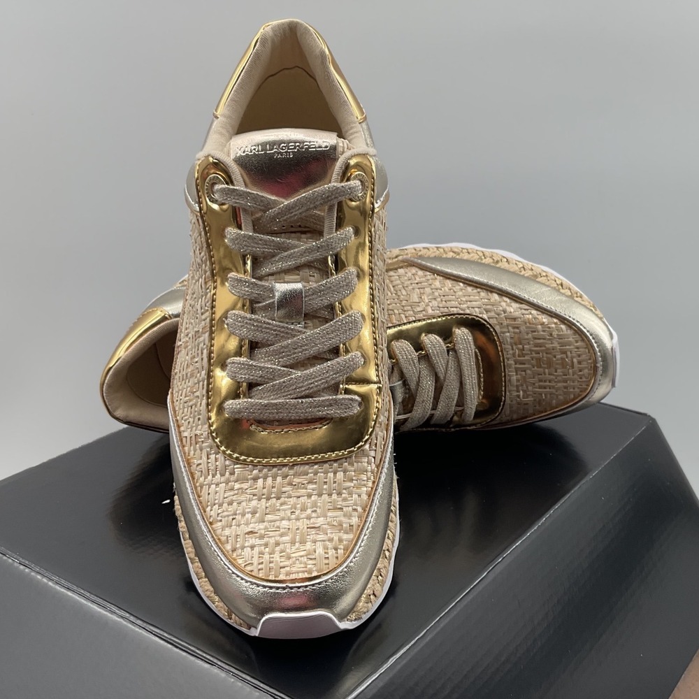 Karl Lagerfeld Paris Miara Gold Metallic Woven Espadrille Sneakers Womens 7.5M